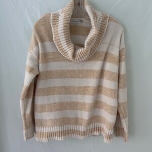 Calvin‎ Klein Sweater Medium Tan Cream Striped Cowl Neck Pullover Knitwear